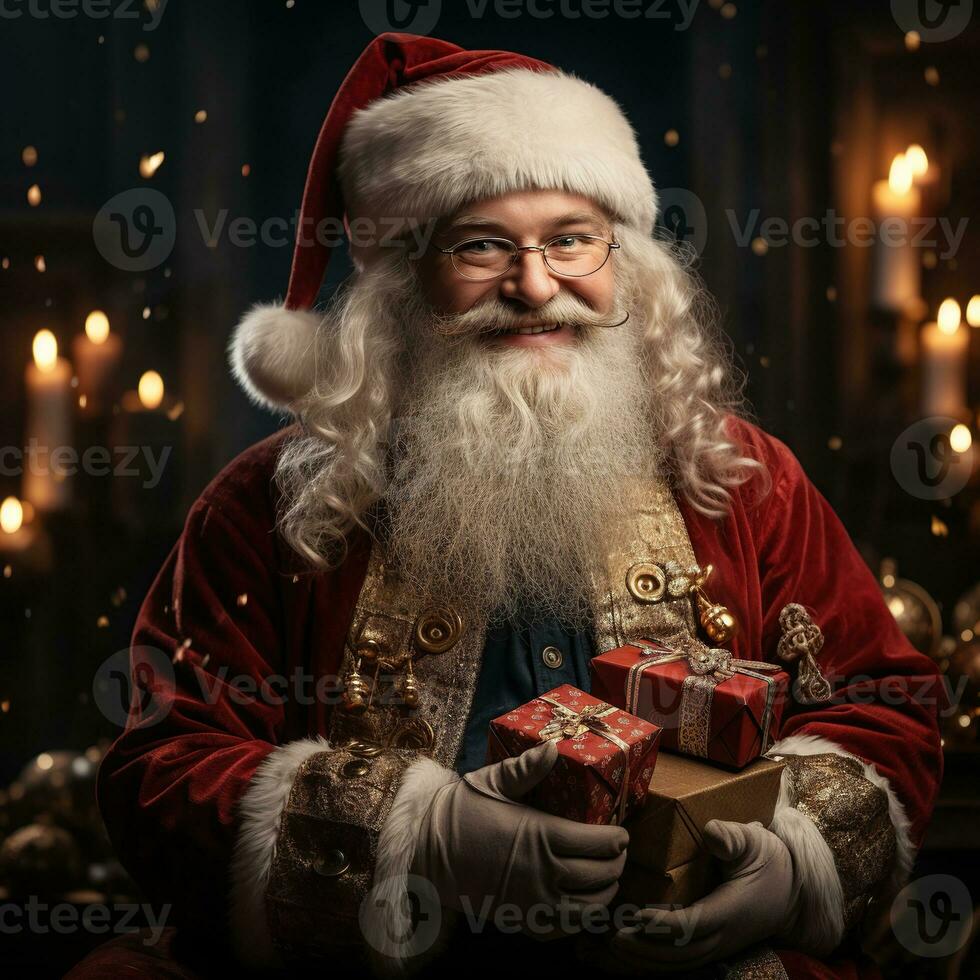 ilustração do uma santa claus com uma Natal fundo, ai gerado foto