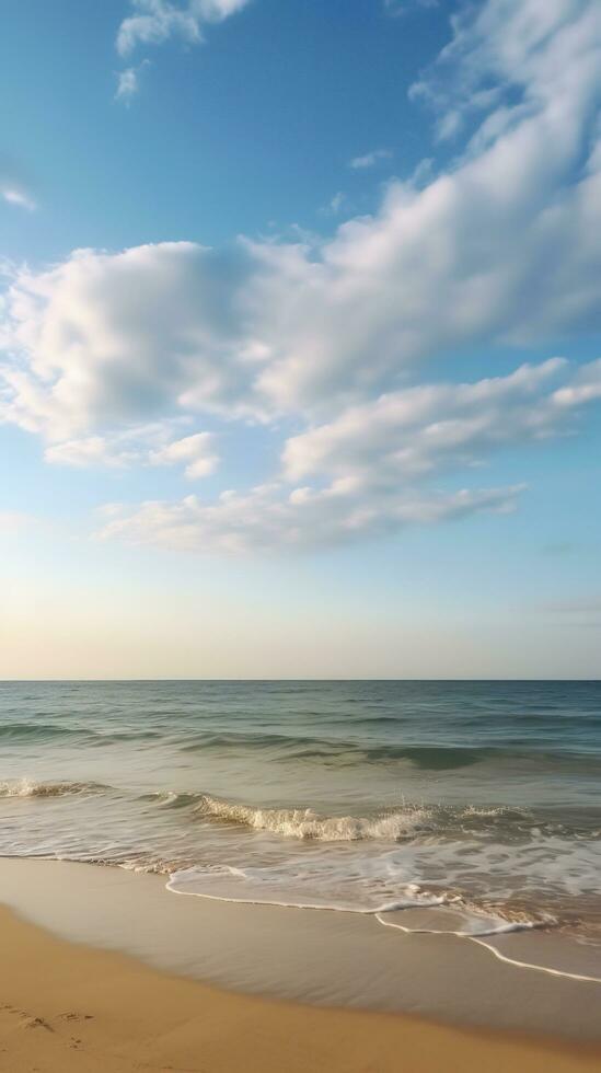 azul céu e branco nuvens sobre a mar costa. amarelo areia, azul turquesa mar, ensolarado dia. a conceito do uma pacífico verão período de férias. vertical imagem, ai gerado foto