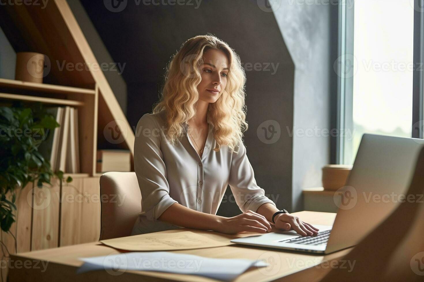 uma jovem Loiras fêmea profissional é trabalhando a partir de lar, usando uma computador portátil computador às uma de madeira escrivaninha colocada perto uma janela foto