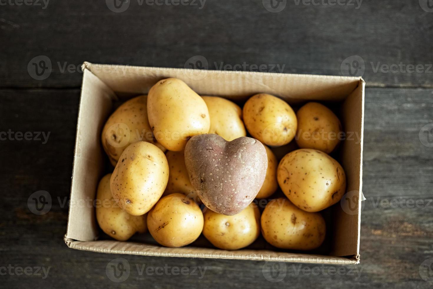 batata vermelha em forma de coração em uma caixa de papelão entre batatas brancas. foto