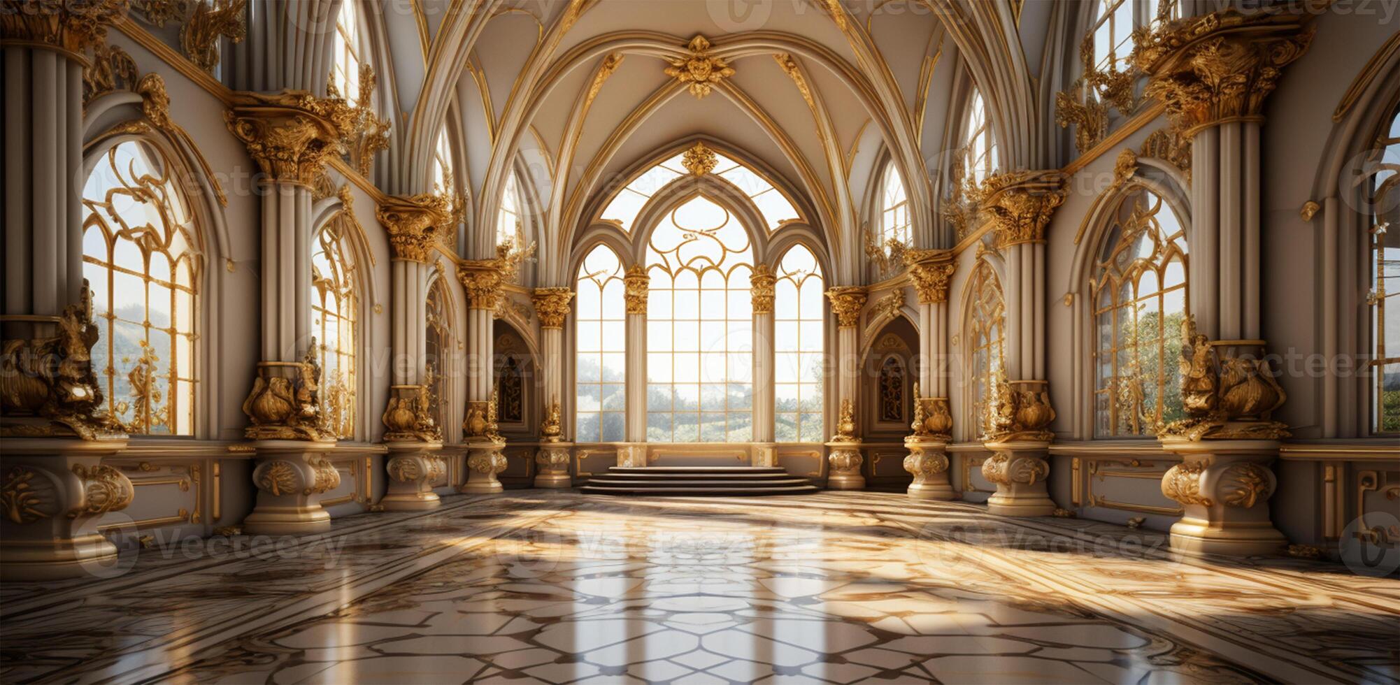 uma clássico extravagante europeu estilo Palácio quarto com ouro decorações. ai gerado foto