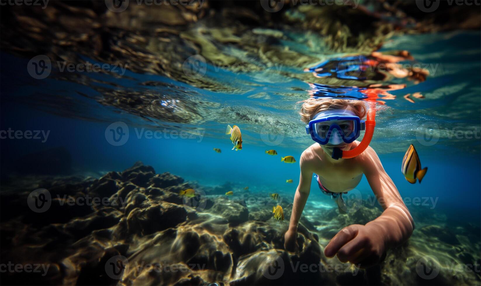 Garoto snorkeling dentro uma transparente oceano assistindo colorida peixe. ai gerado foto