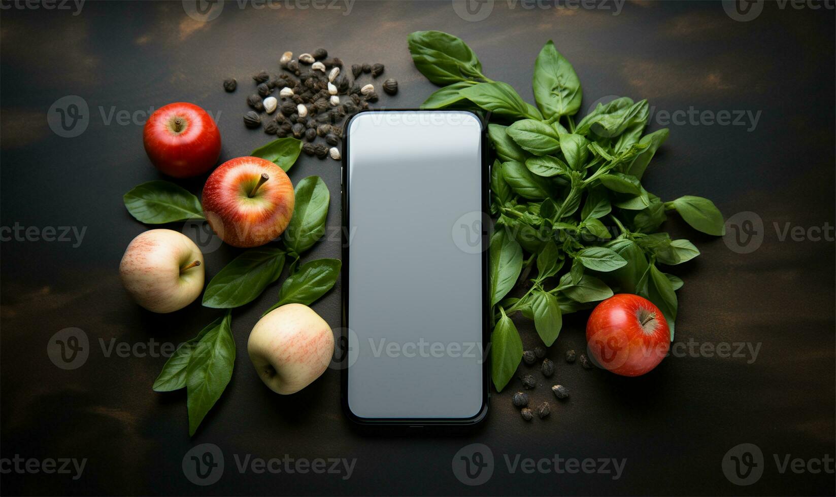 Móvel telefone zombar acima para procurando e compras conectados mercado, aplicativo para receita, nutrição e dieta. em branco Smartphone. ai gerado foto