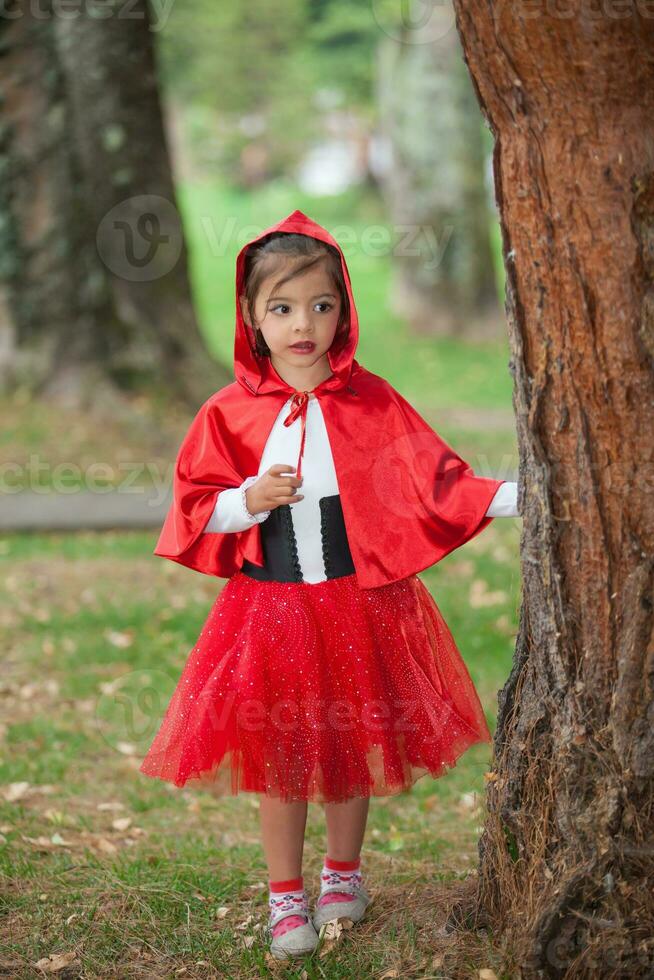 doce menina vestindo uma pequeno vermelho equitação de capuz fantasia. real família tendo Diversão enquanto usando fantasias do a pequeno vermelho equitação de capuz conto dentro dia das Bruxas. foto