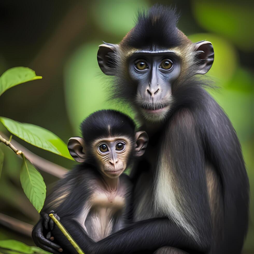 mangabey macaco às chuva floresta ai generativo foto