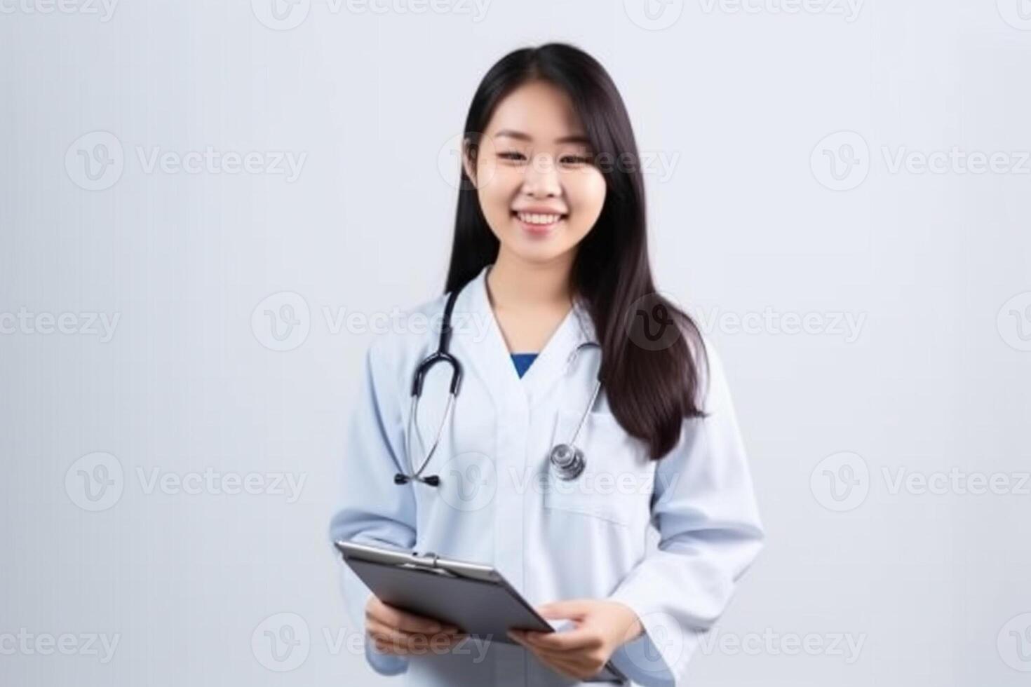 ai generativo retrato do uma sorridente fêmea enfermeira com estetoscópio e prancheta foto