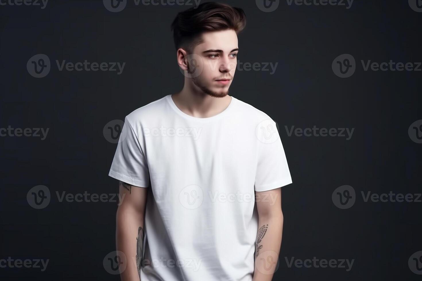 ai generativo bonito jovem homem dentro branco camiseta em Preto fundo foto