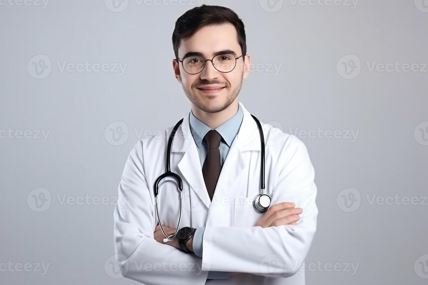 ai generativo retrato do confiante masculino médico dentro branco casaco e estetoscópio em pé com braços cruzado e olhando às Câmera foto