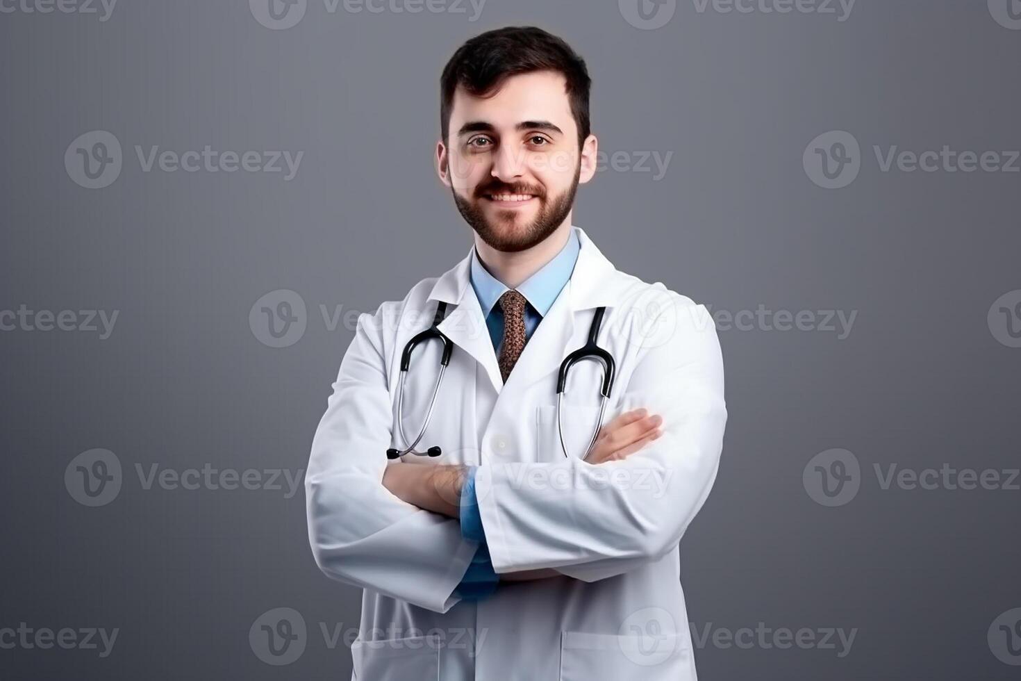 ai generativo retrato do confiante masculino médico dentro branco casaco e estetoscópio em pé com braços cruzado e olhando às Câmera foto