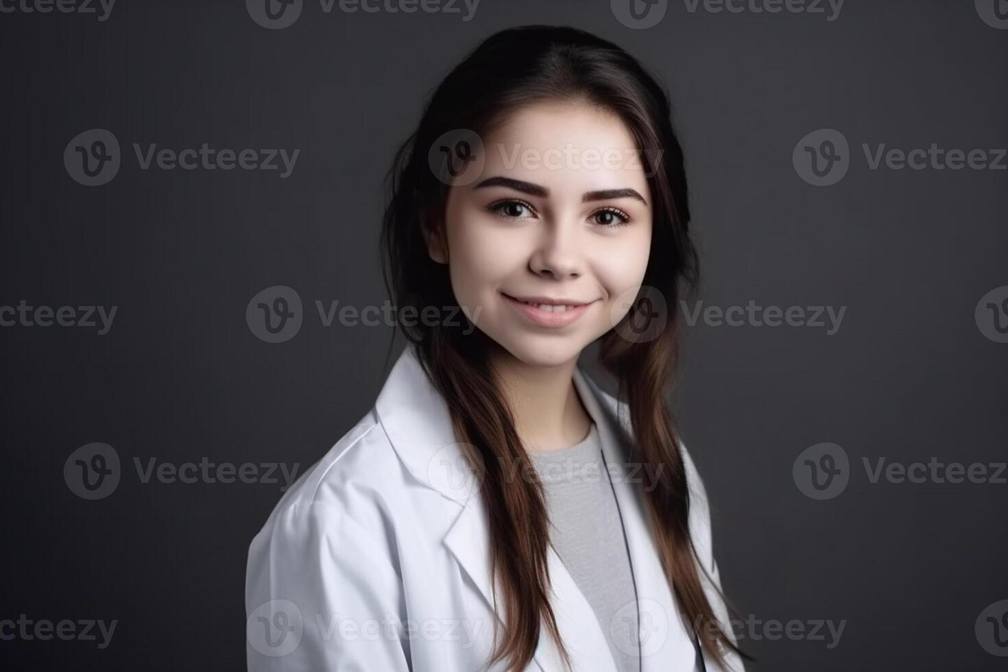 ai generativo retrato do jovem fêmea médico dentro branco casaco em cinzento fundo. foto
