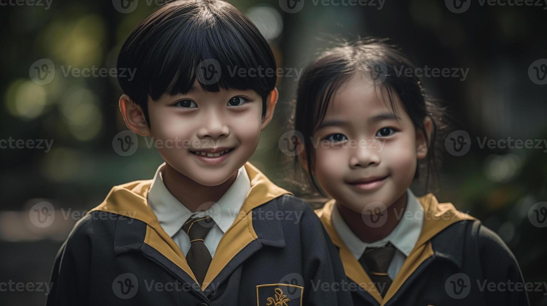 ai generativo feliz ásia Garoto e menina alunos dentro escola uniforme sorridente e olhando às Câmera foto