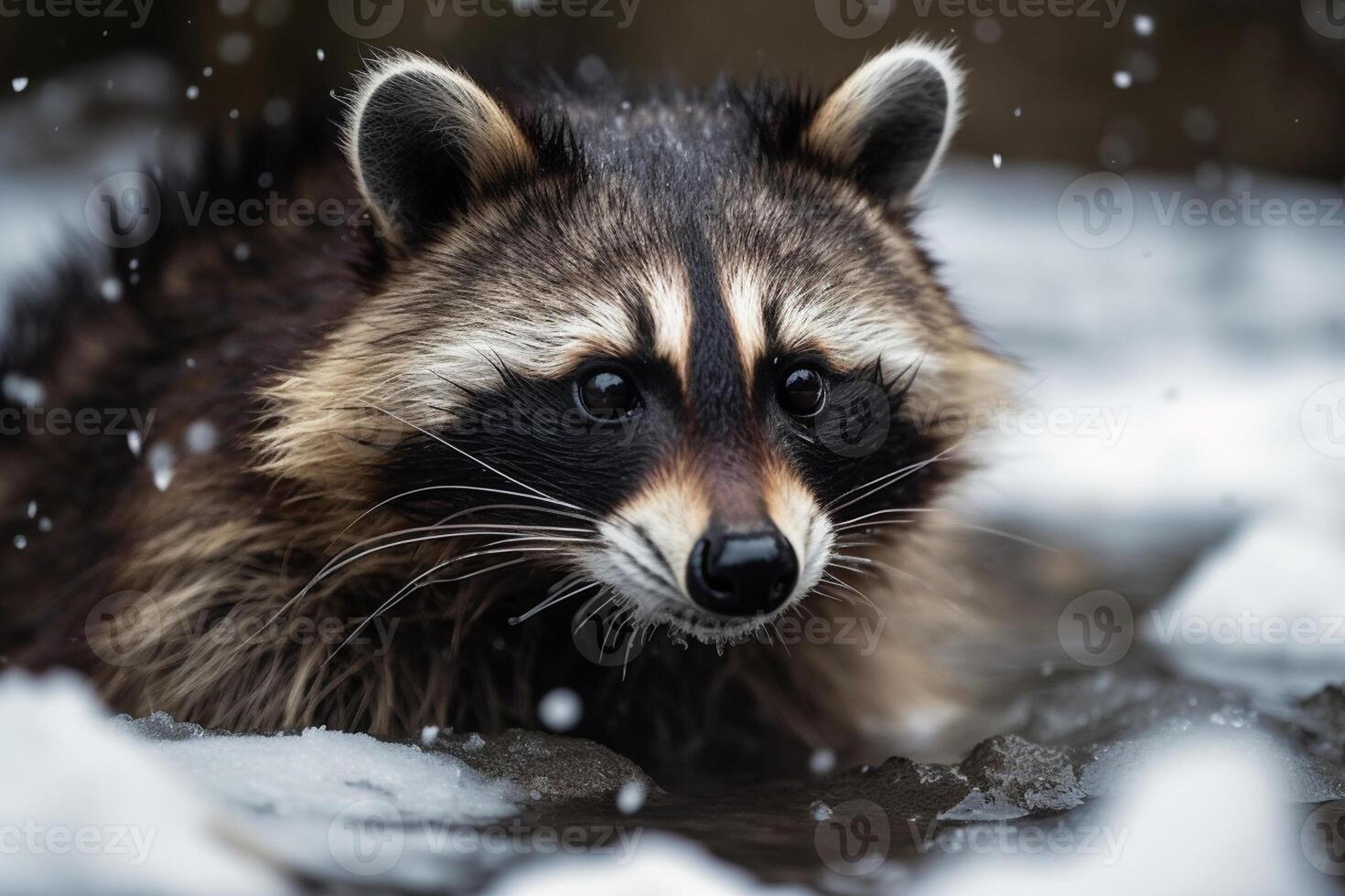 retrato do uma guaxinim dentro a inverno floresta. animal dentro a neve ai generativo foto