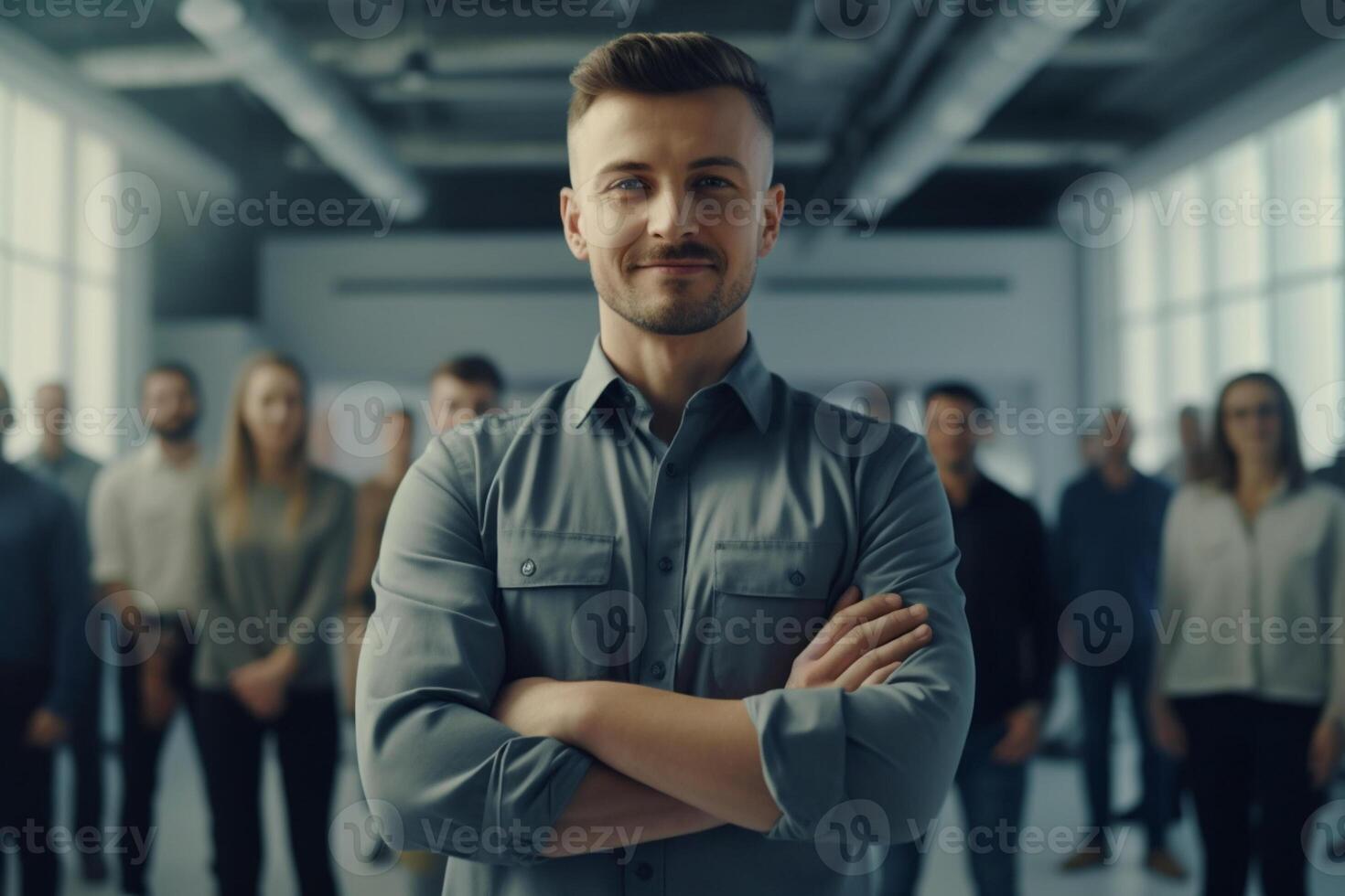 ai generativo retrato do uma confiante maduro homem de negocios em pé com dele braços cruzado dentro frente do dele equipe foto