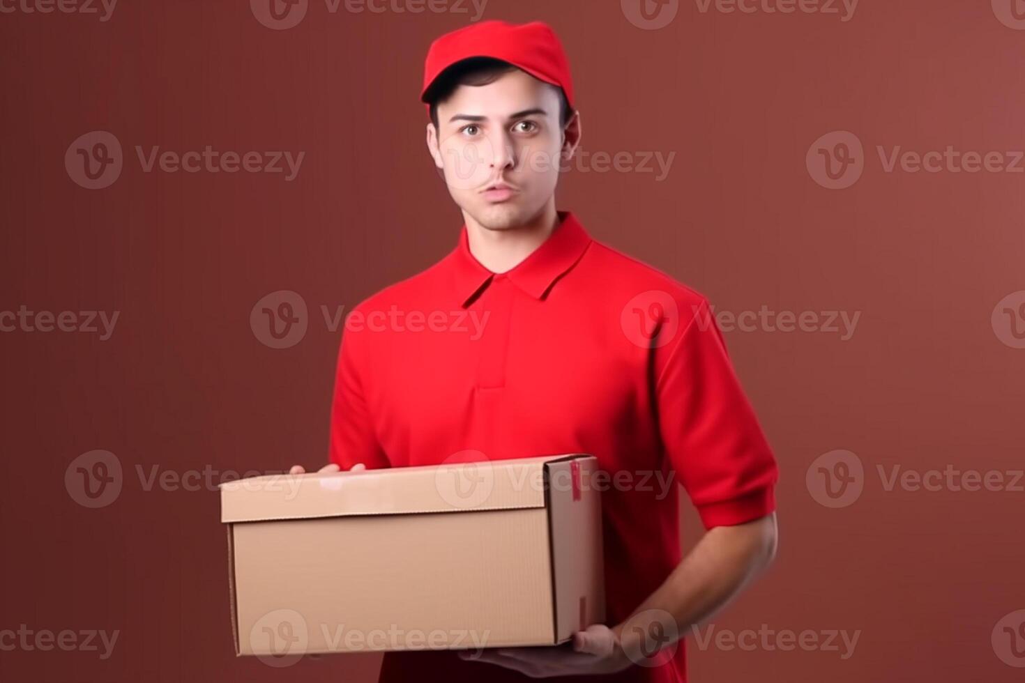 ai generativo Entrega homem segurando uma caixa em vermelho fundo. Entrega serviço conceito foto