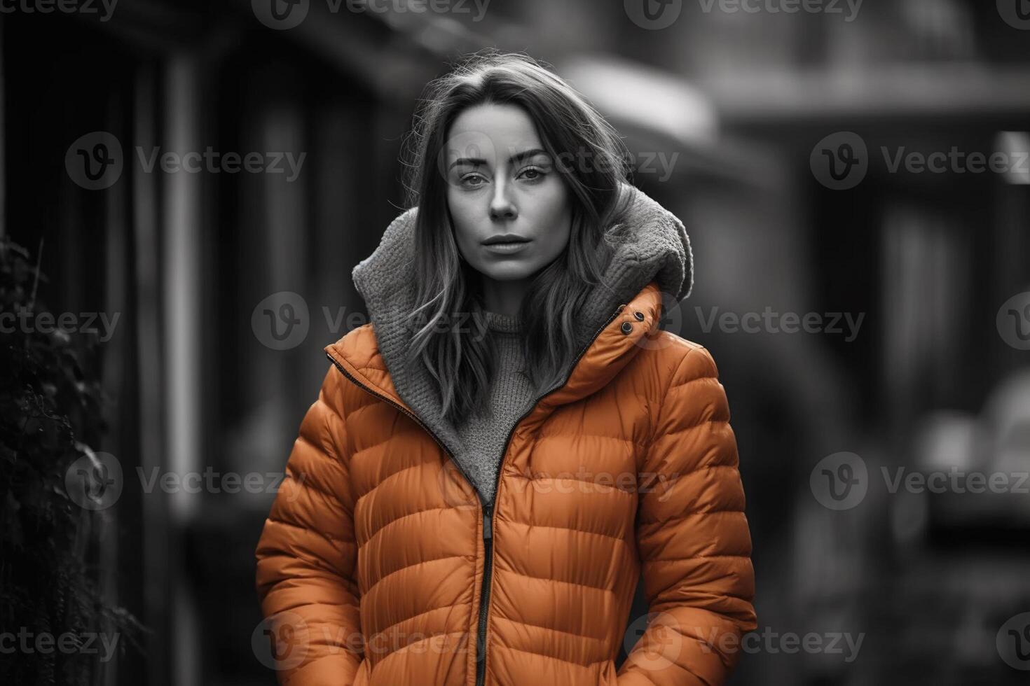 ai generativo retrato do uma lindo jovem mulher dentro a laranja suéter. Preto e branco foto