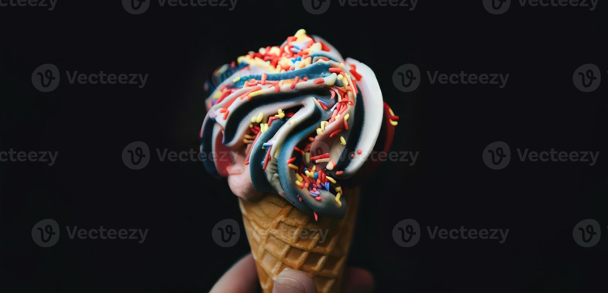 generativo ai, ai gerado, fechar acima uma mão segurando uma colher do vibrante colorida sabor gelo creme em a waffle cone com granulados, Sombrio fundo, festivo celebração foto