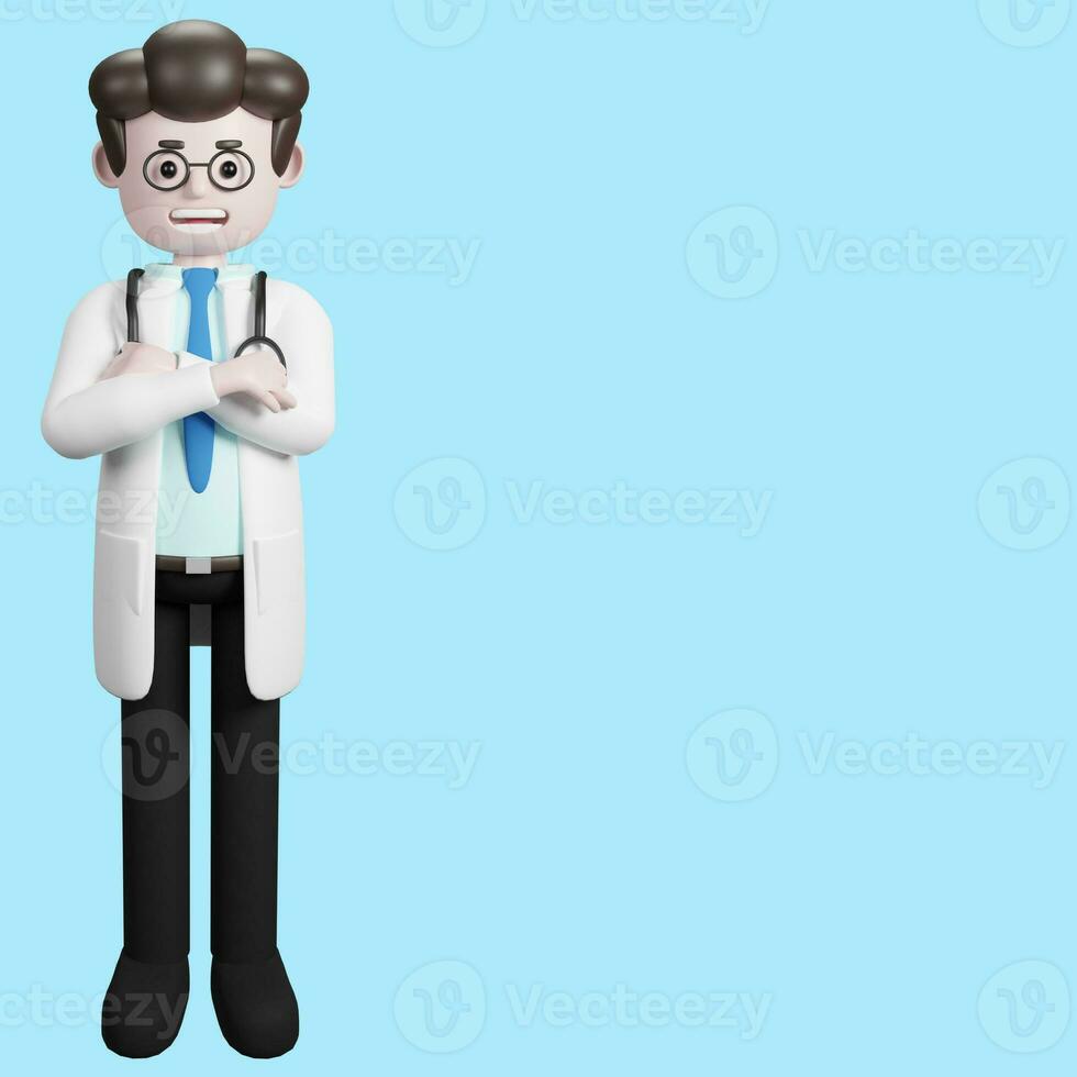 3d Renderização do uma desenho animado médico personagem. ilustração do masculino médico.apresentação grampo arte. foto