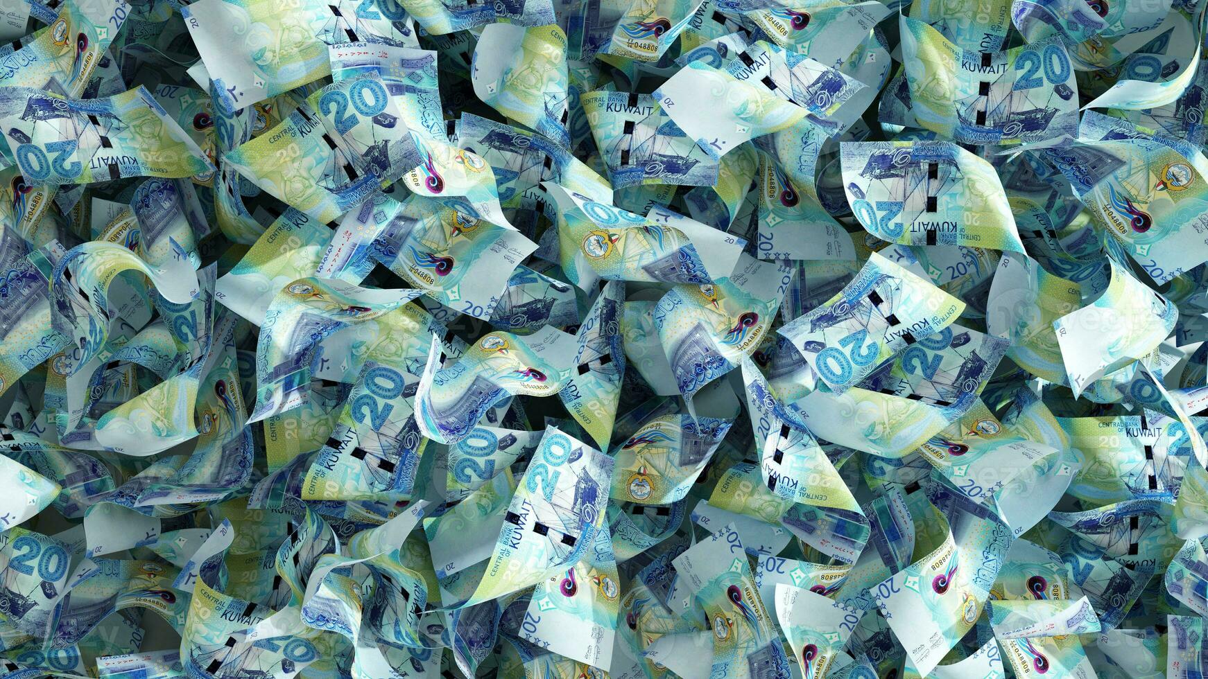 3d Renderização do grande quantidade do 20 kuwaiti dinar notas espalhar em superfície. dinheiro fundo foto