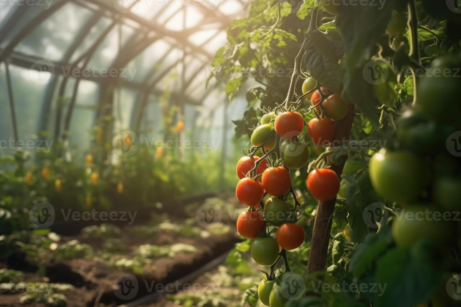 estufa com tomate arbustos. generativo ai tecnologia. foto