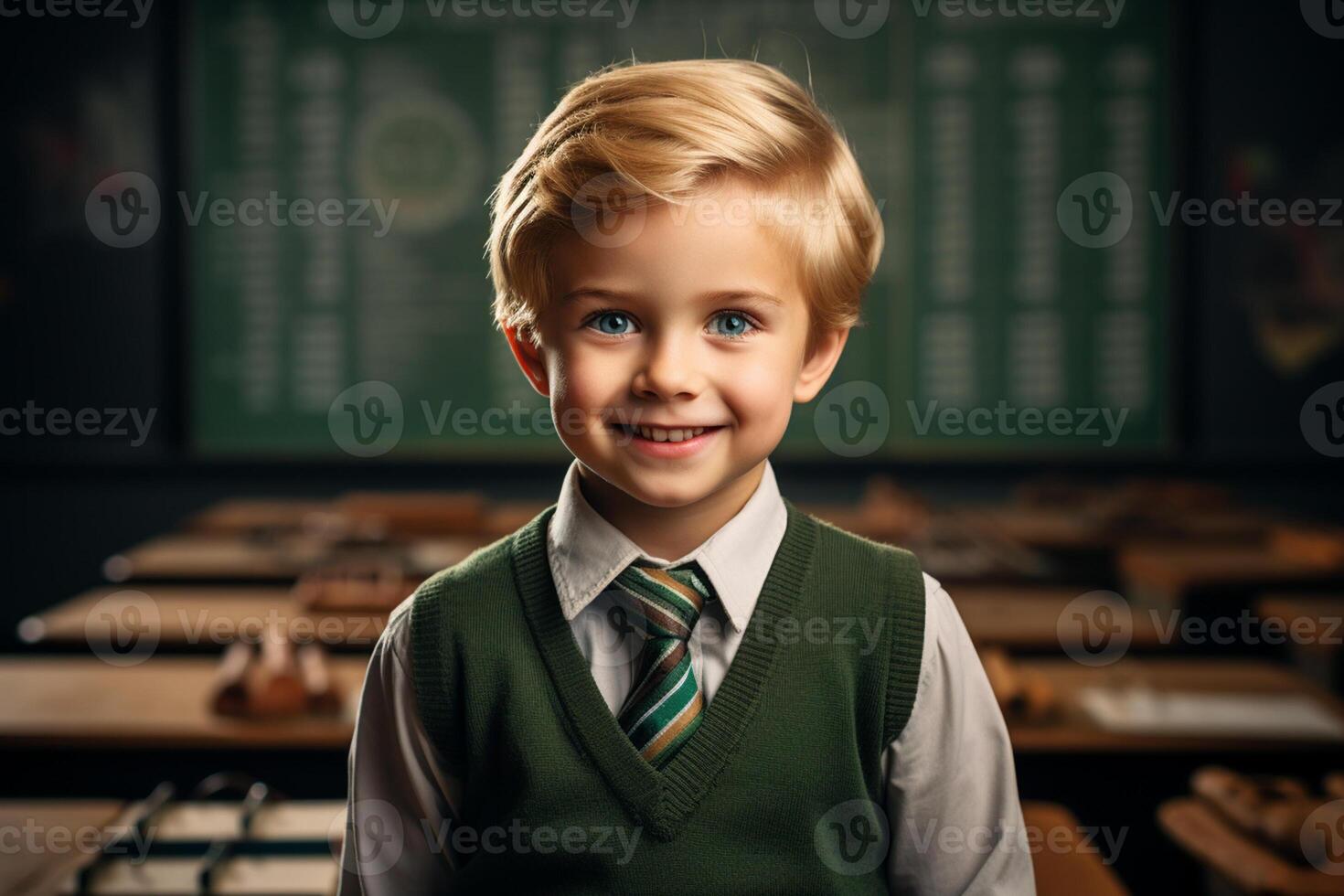 ai generativo uma jovem Garoto posando dentro frente do quadro-negro com costas para escola conceito foto