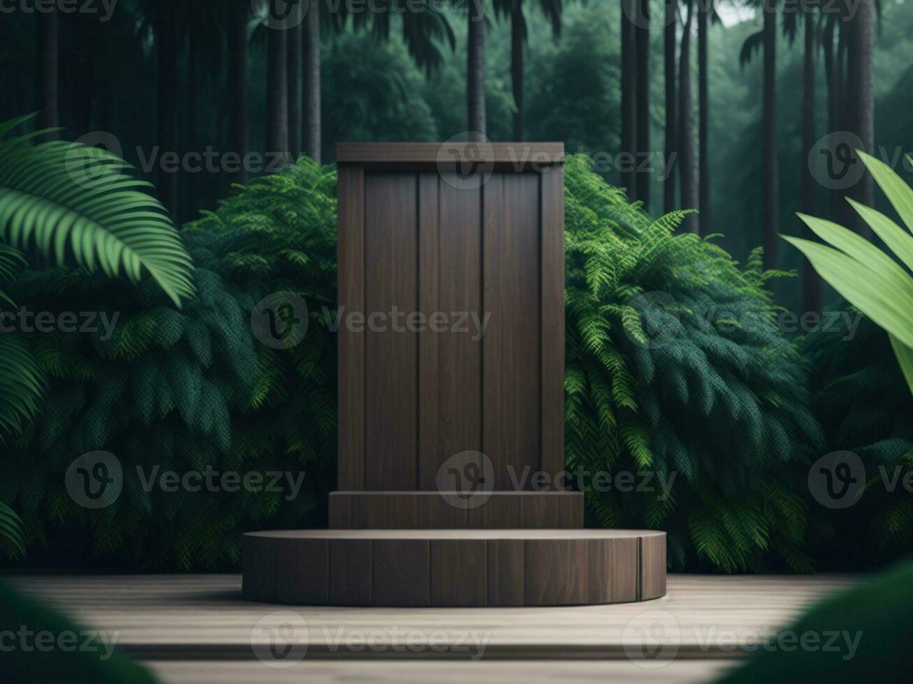 3d render de madeira pódio brincar dentro tropical floresta para produtos apresentação e verde background.generative ai foto