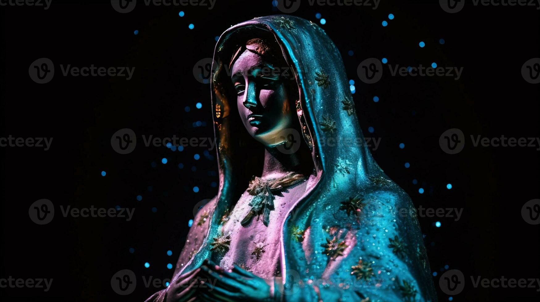 virgen del carmen católico religioso feriado, fêmea estátua contra a noite céu. ai gerado. foto