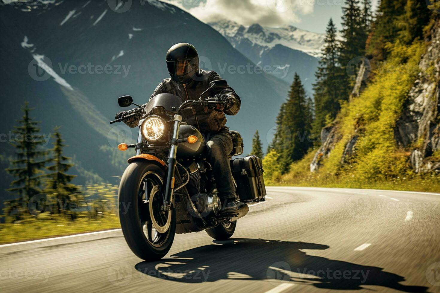 motocicleta motorista em a alpino auto-estrada foto
