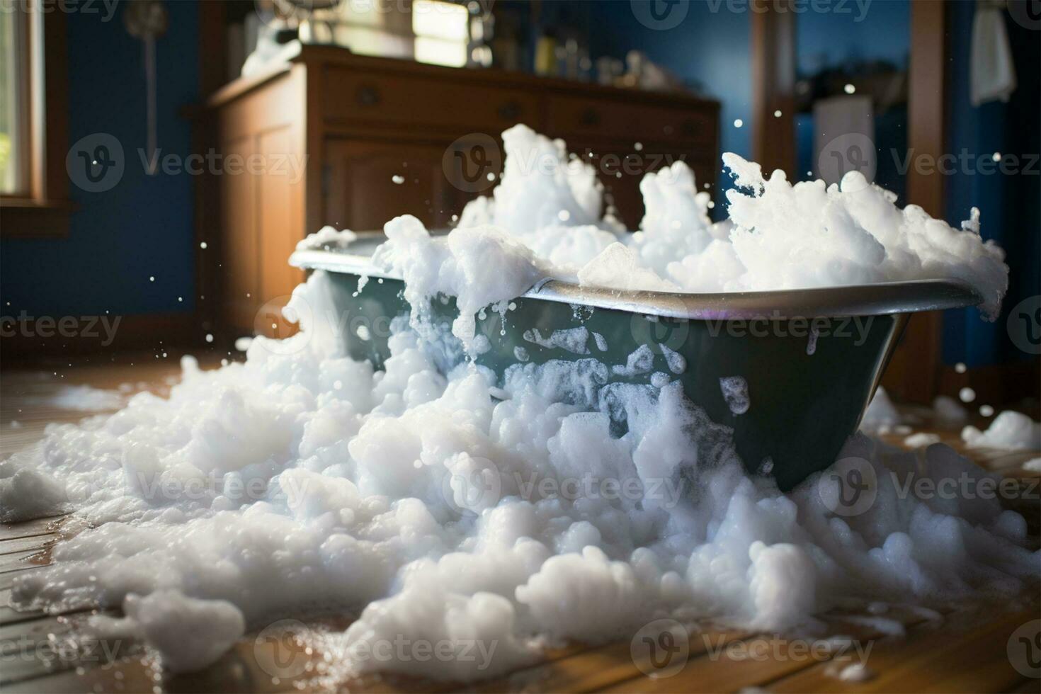 banheira preenchidas com espuma em topo do uma de madeira chão foto