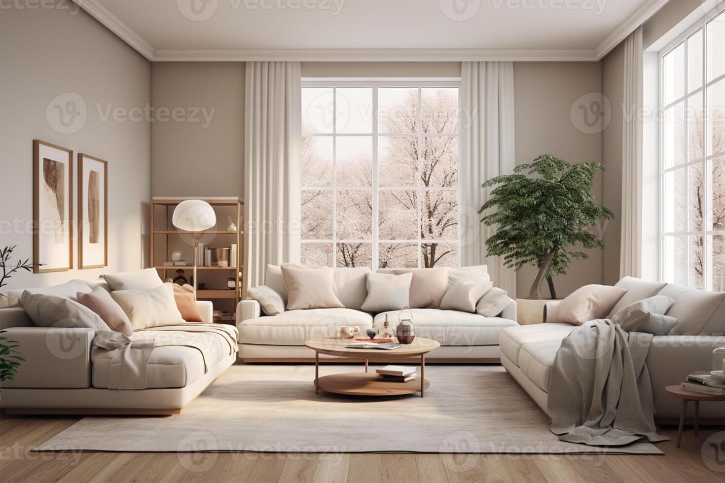 vivo quarto interior com sofá e café mesa. 3d render ai gerado foto