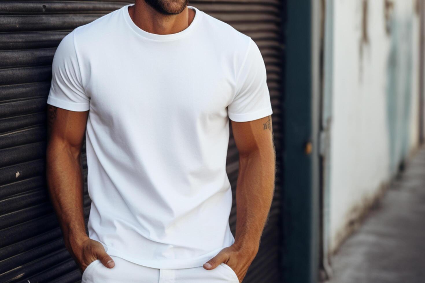 cortada imagem do homem dentro branco em branco camiseta em Preto fundo ai gerado foto