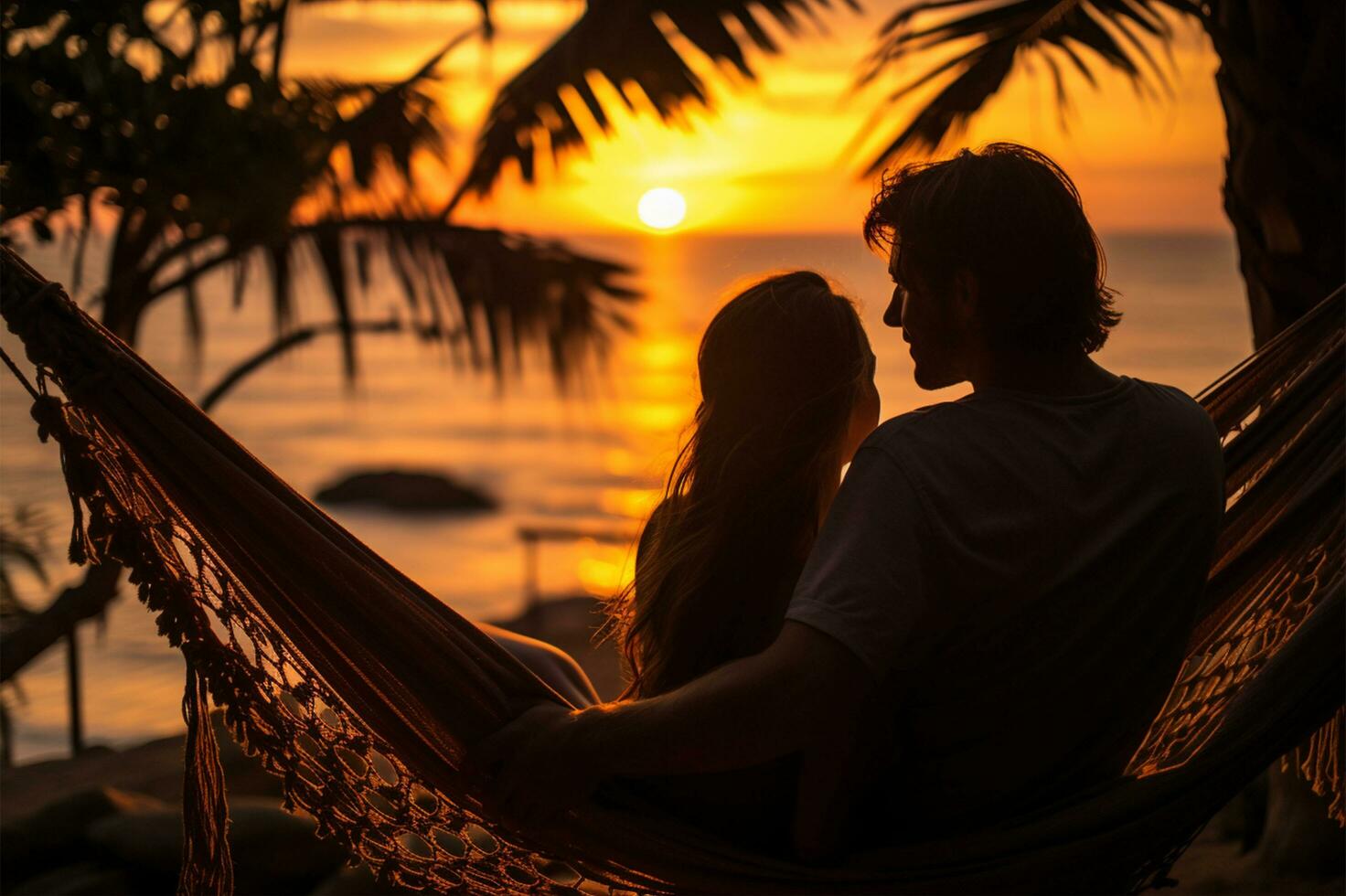 silhueta do jovem casal relaxante dentro maca em tropical de praia às pôr do sol ai gerado foto