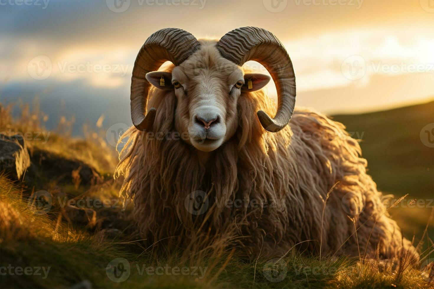 islandês ovelha RAM com magnífico saca rolhas chifres liderar dentro a Relva n campo dentro caloroso pôr do sol luz , eid-al-adha conceito foto