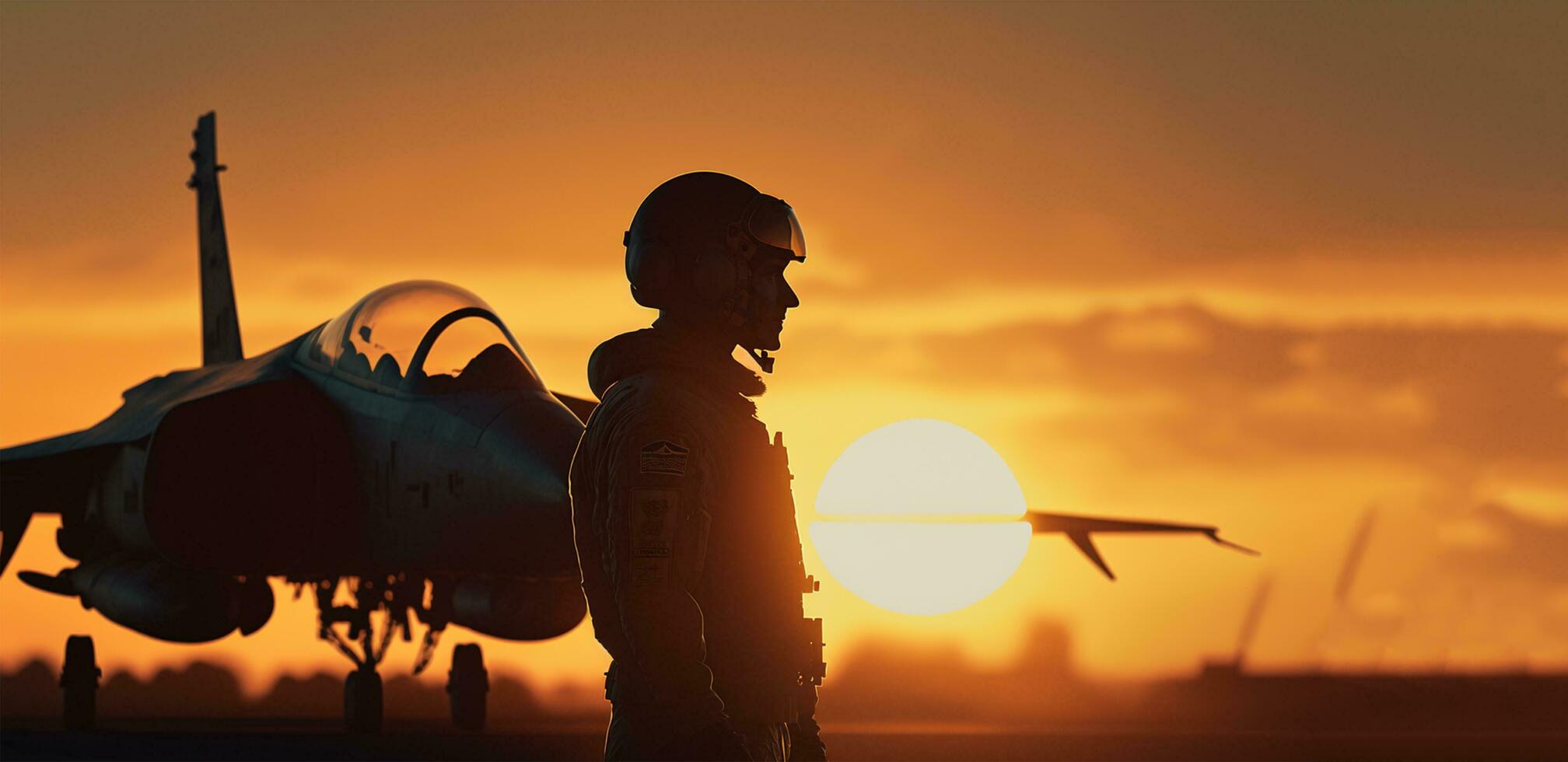 soldado dentro uma galpão às pôr do sol. militares pilotos perto jato lutador às pôr do sol. militares aviação ai gerado foto