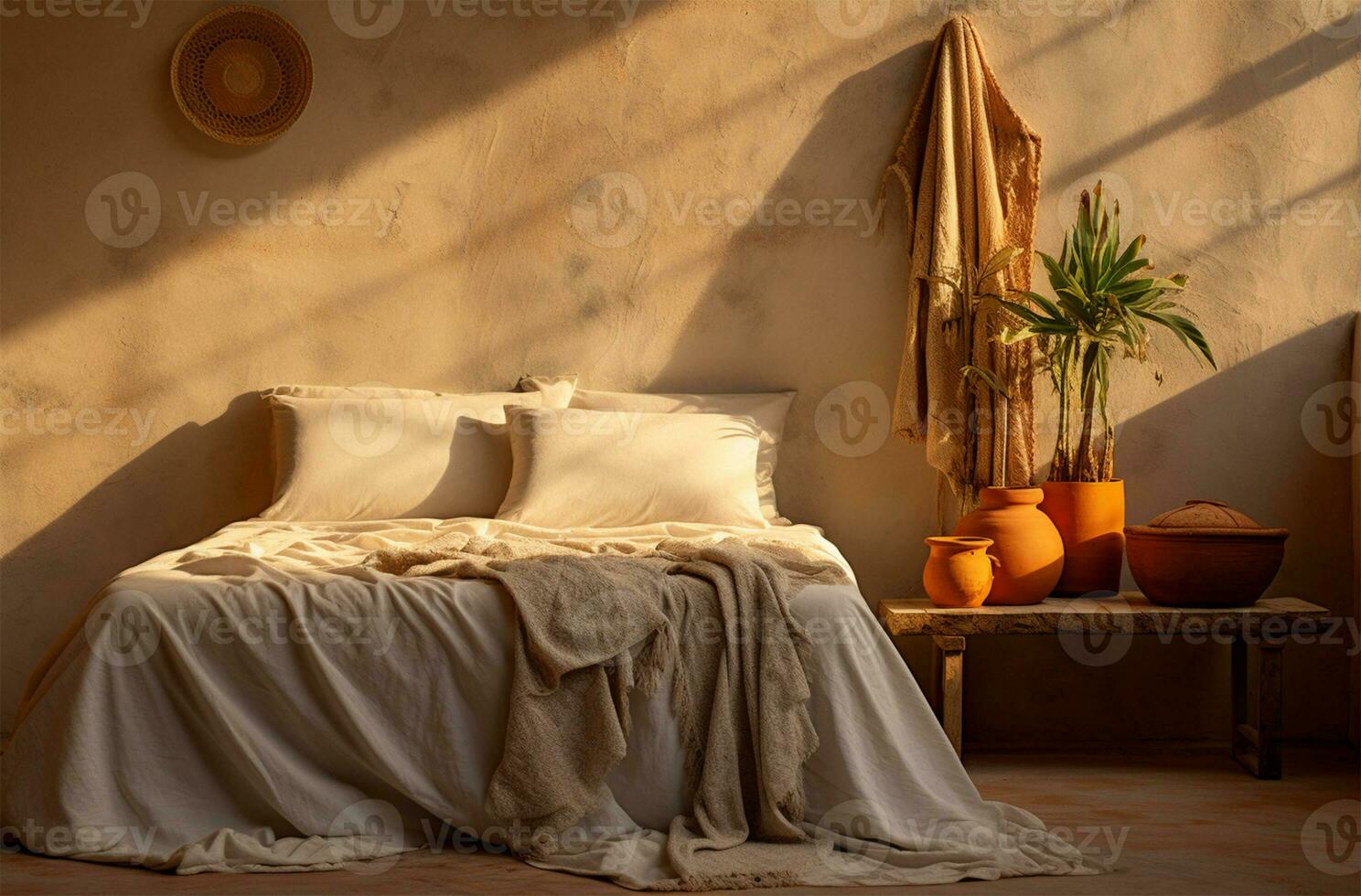 interior do moderno quarto com de madeira cama, almofadas e plantas ai gerado foto