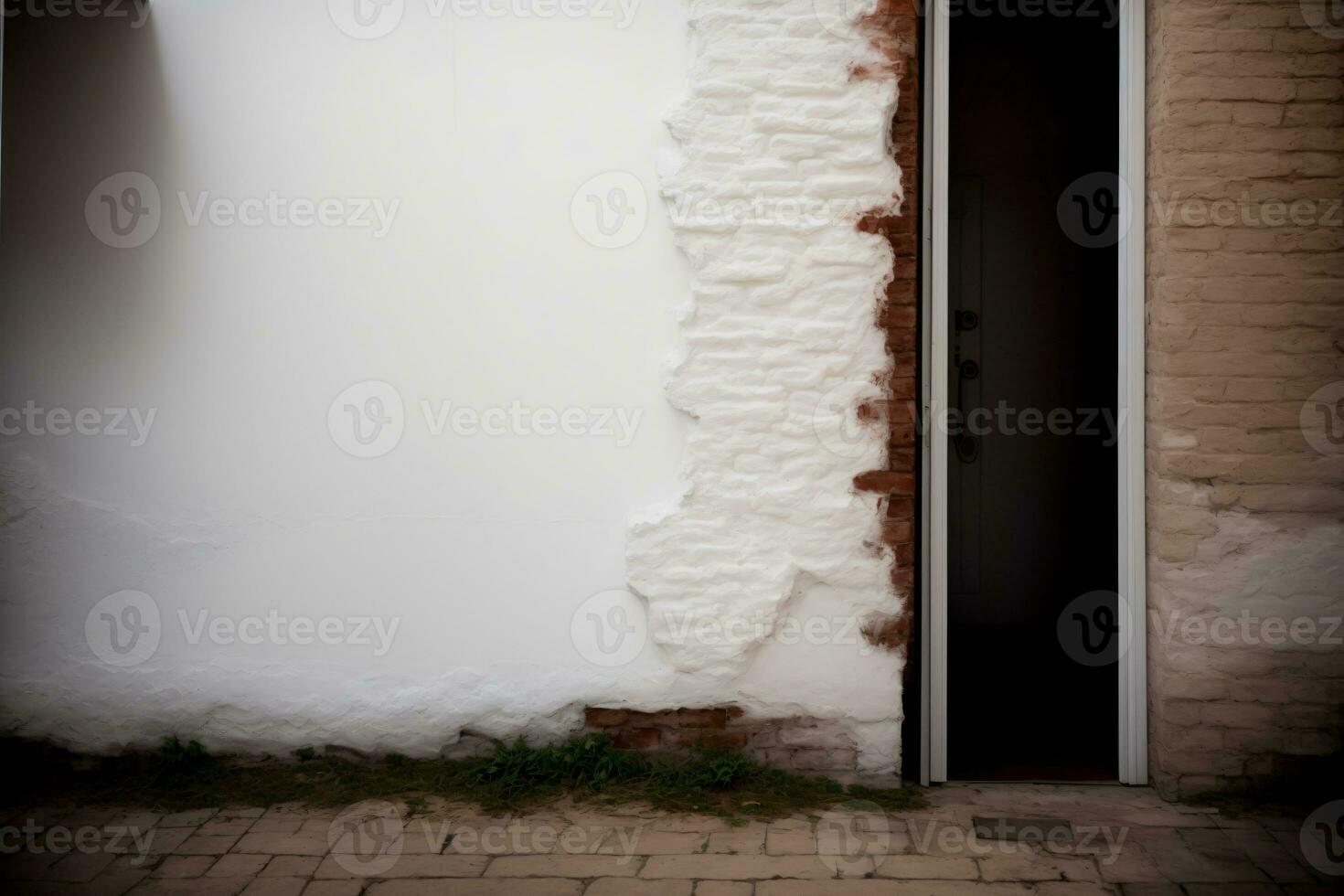 uma branco parede com uma Preto porta e uma tijolo chão. ai gerado foto
