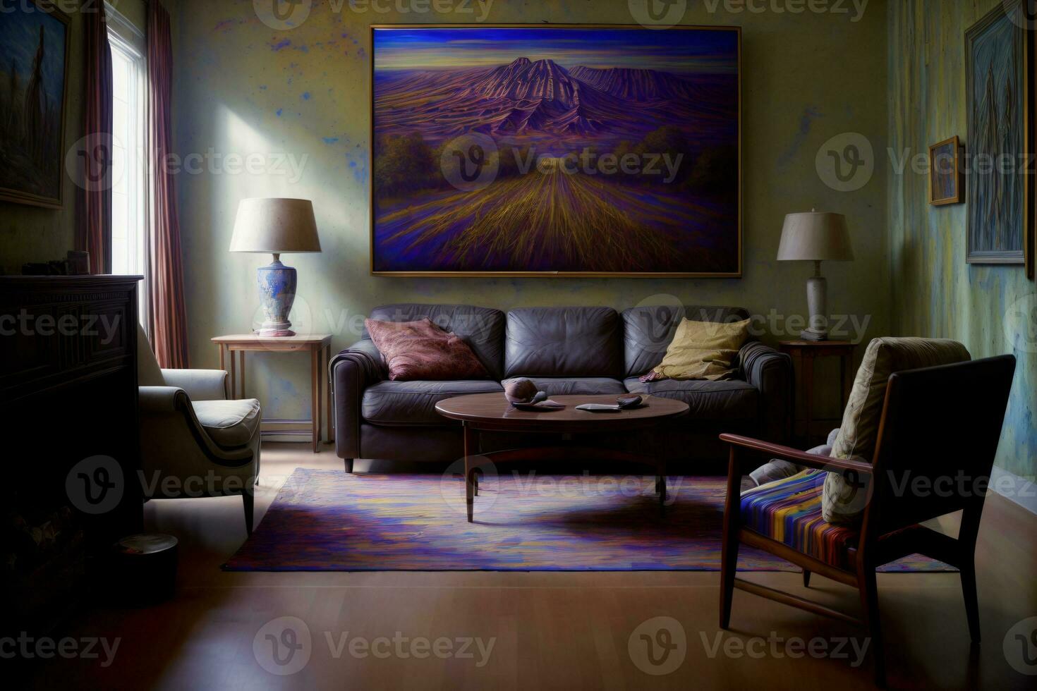 uma vivo quarto preenchidas com mobília e uma pintura em a muro. ai gerado foto