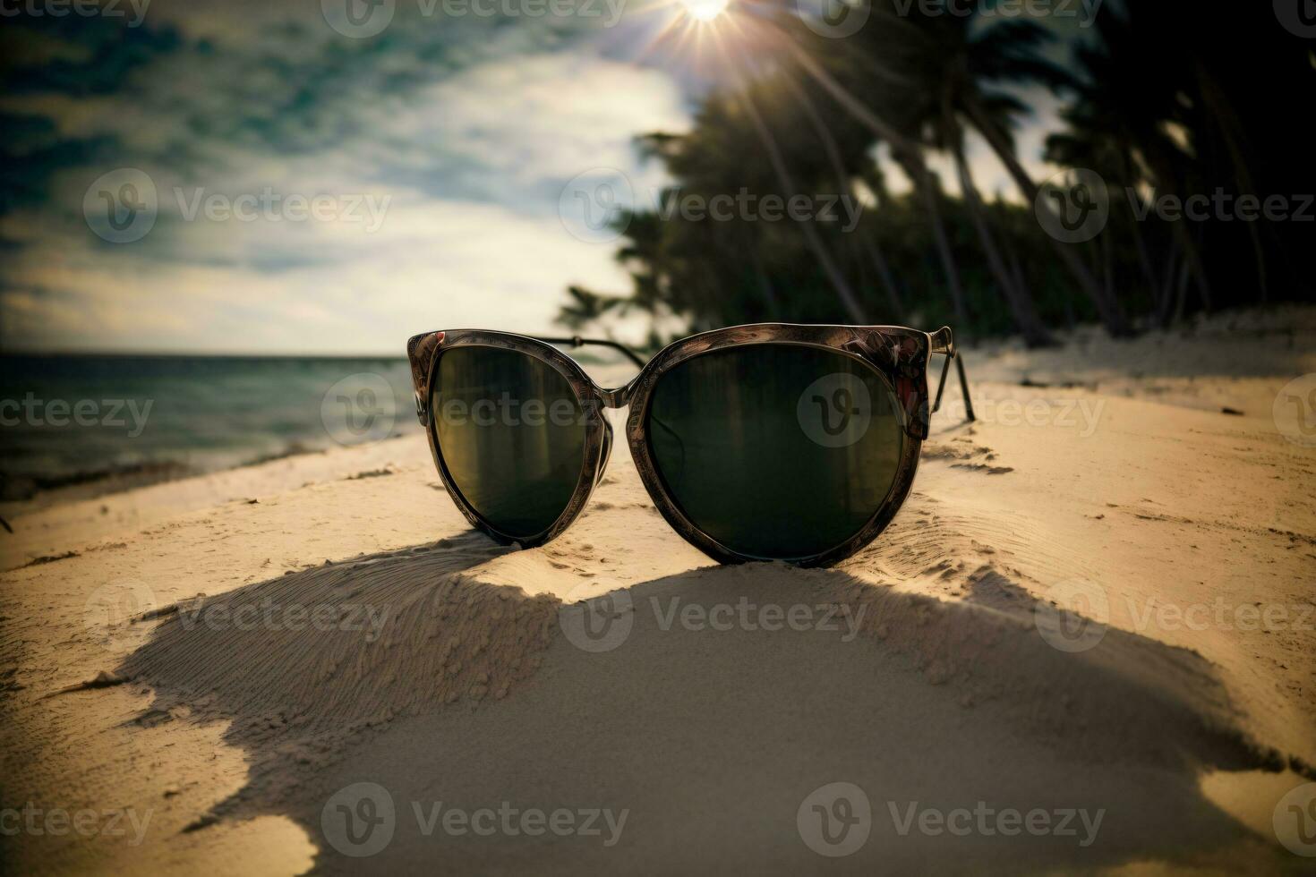 uma par do oculos de sol sentado em topo do uma arenoso de praia. ai gerado foto