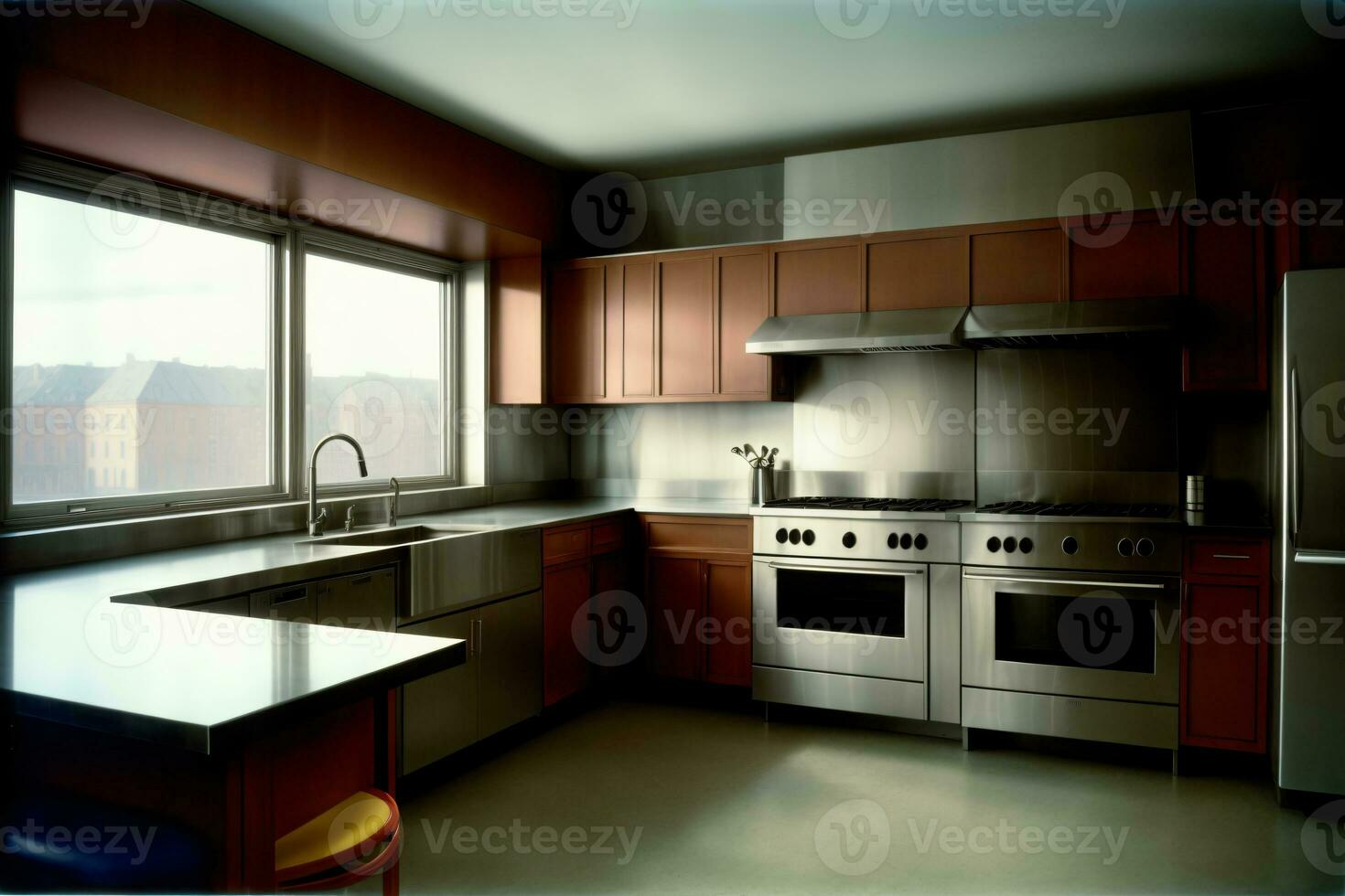 uma cozinha com inoxidável aço eletrodomésticos e uma ampla janela. ai gerado foto