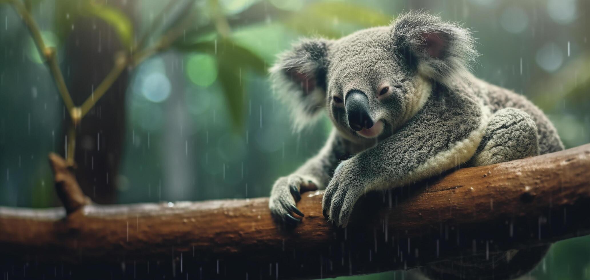 realista foto do uma coala dormindo em uma árvore ramo com uma floresta tropical fundo depois de chuva gerado de ai