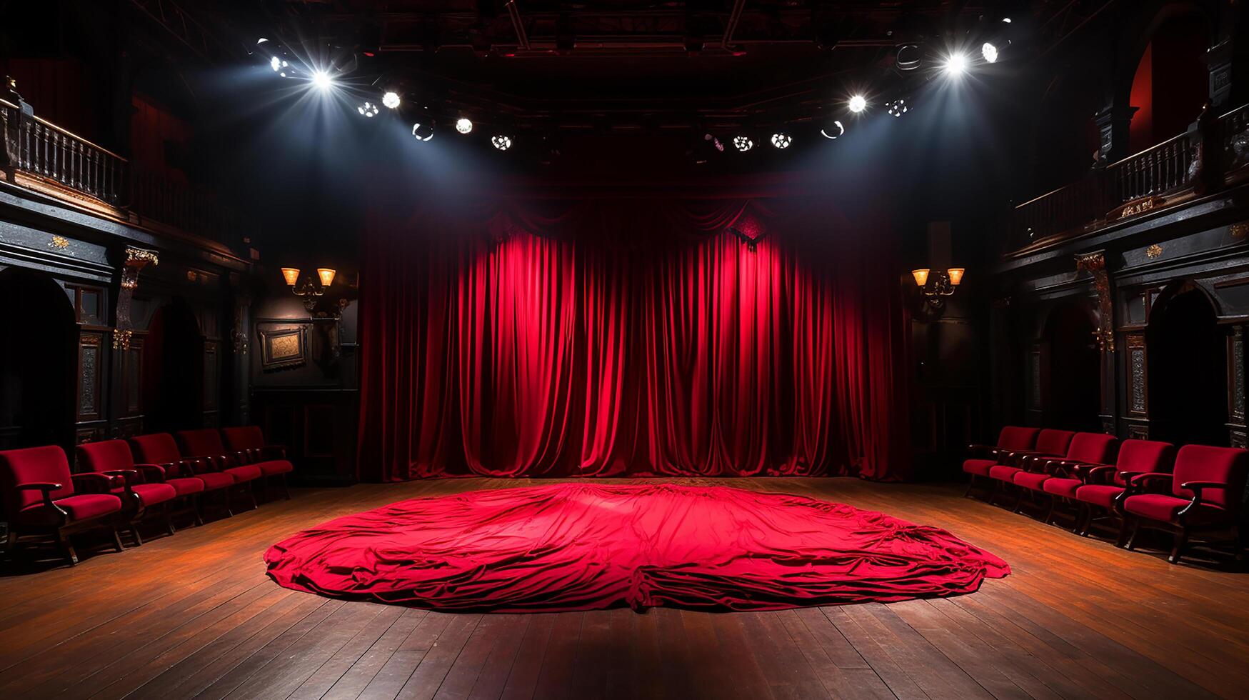 teatro estágio, com vermelho cortina, de madeira chão, cadeiras e iluminação ai generativo foto