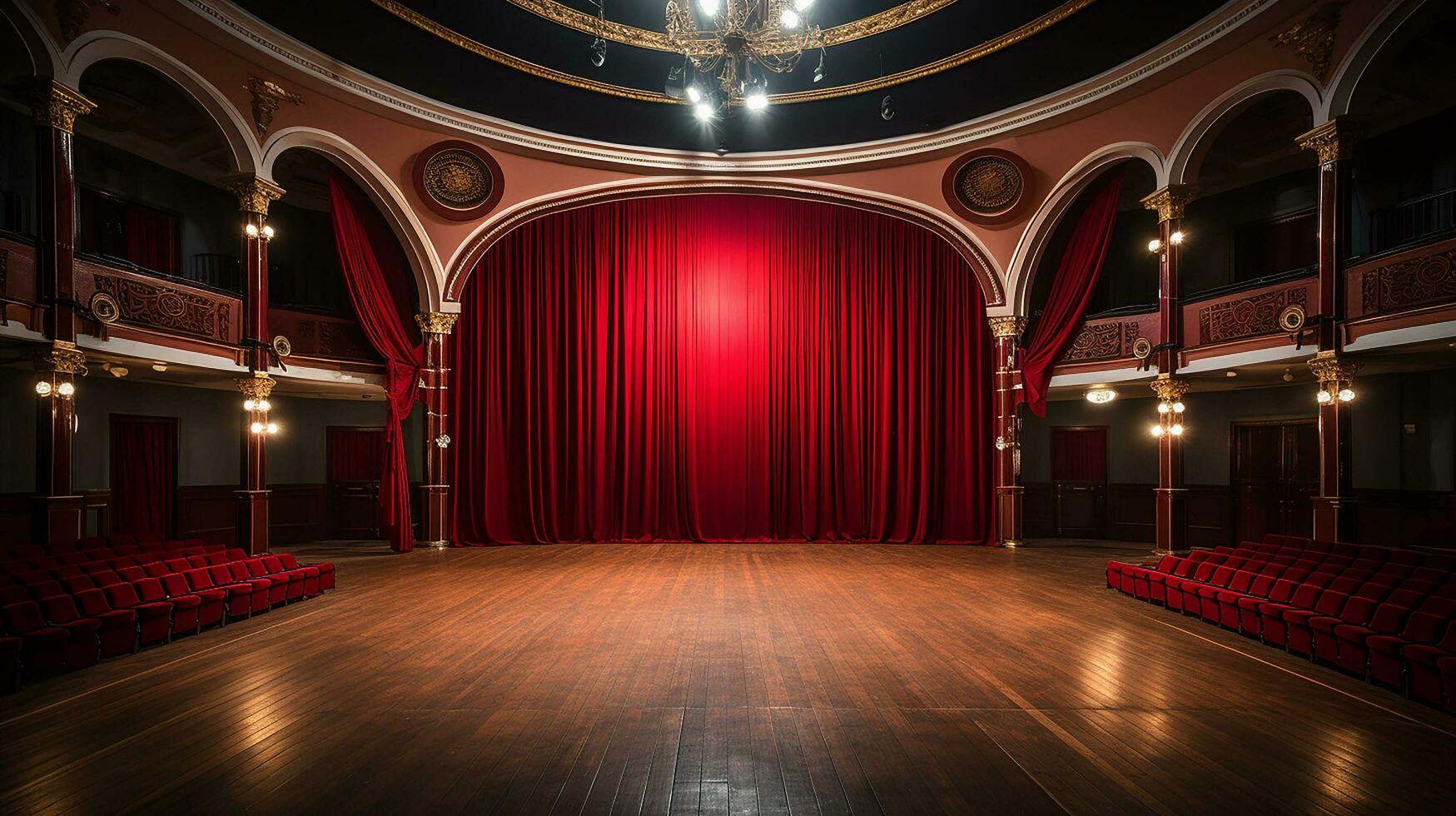 teatro estágio, com vermelho cortina, de madeira chão, cadeiras e iluminação ai generativo foto