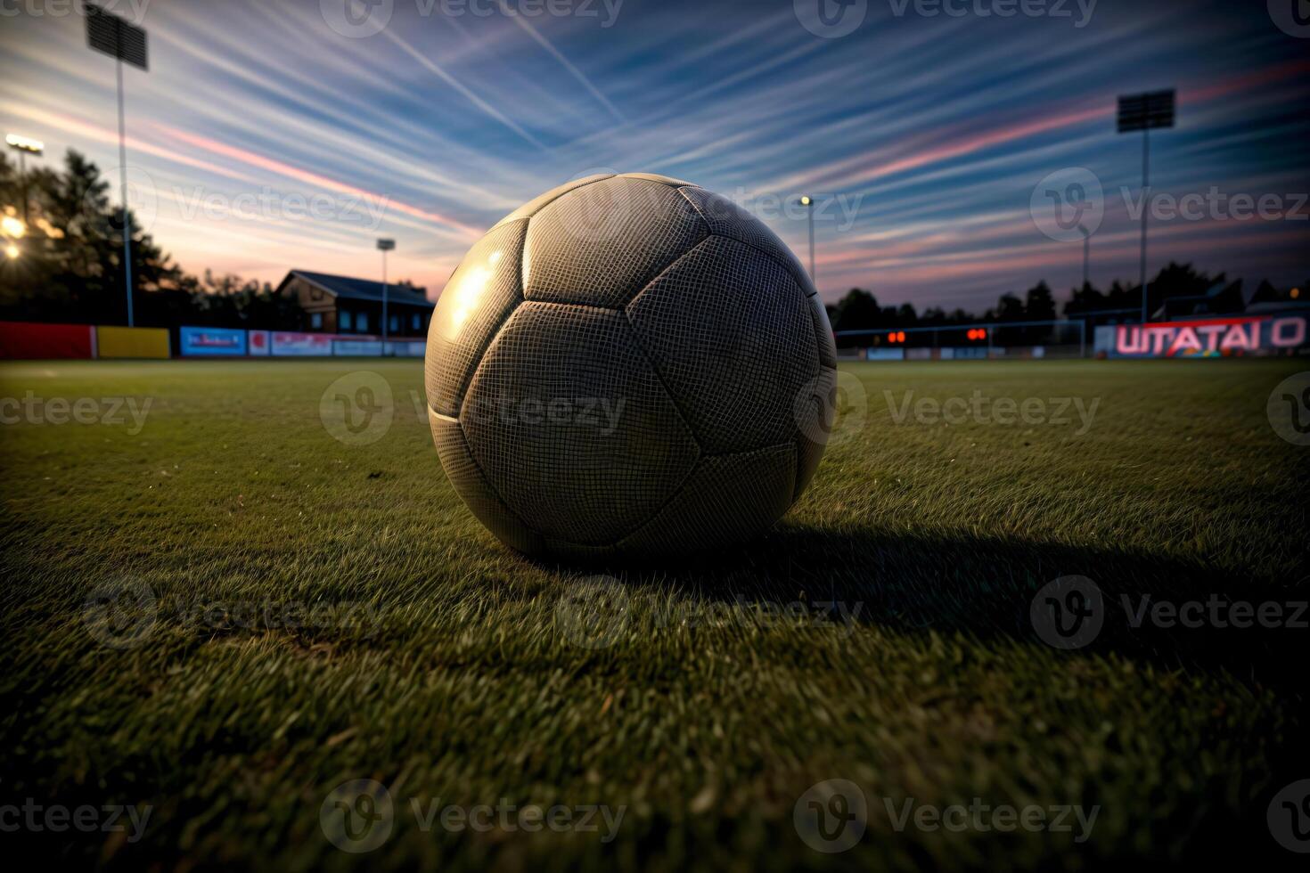 uma futebol bola sentado em topo do uma exuberante verde campo. ai gerado foto