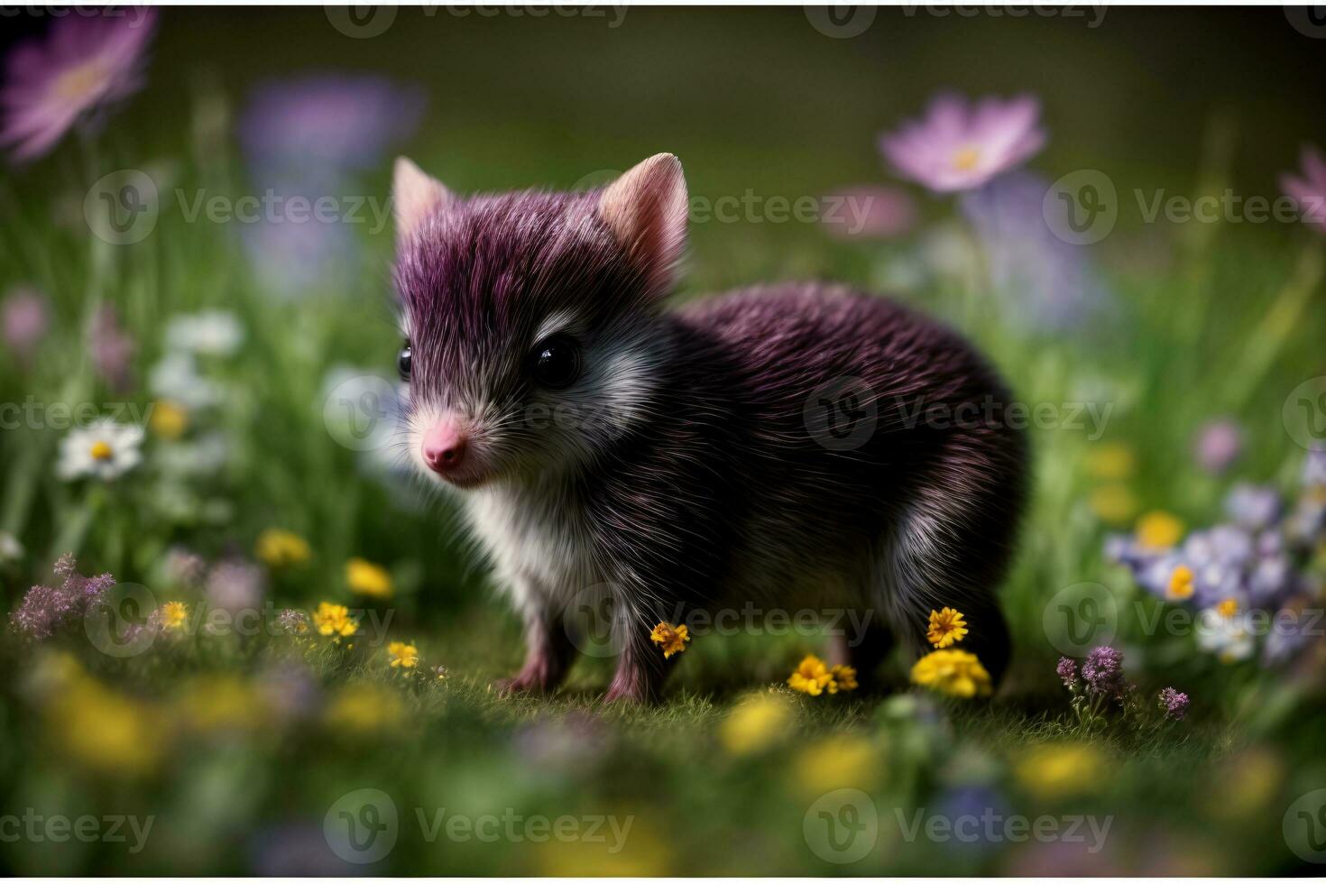 uma fechar acima do uma pequeno animal dentro uma campo do flores ai gerado foto