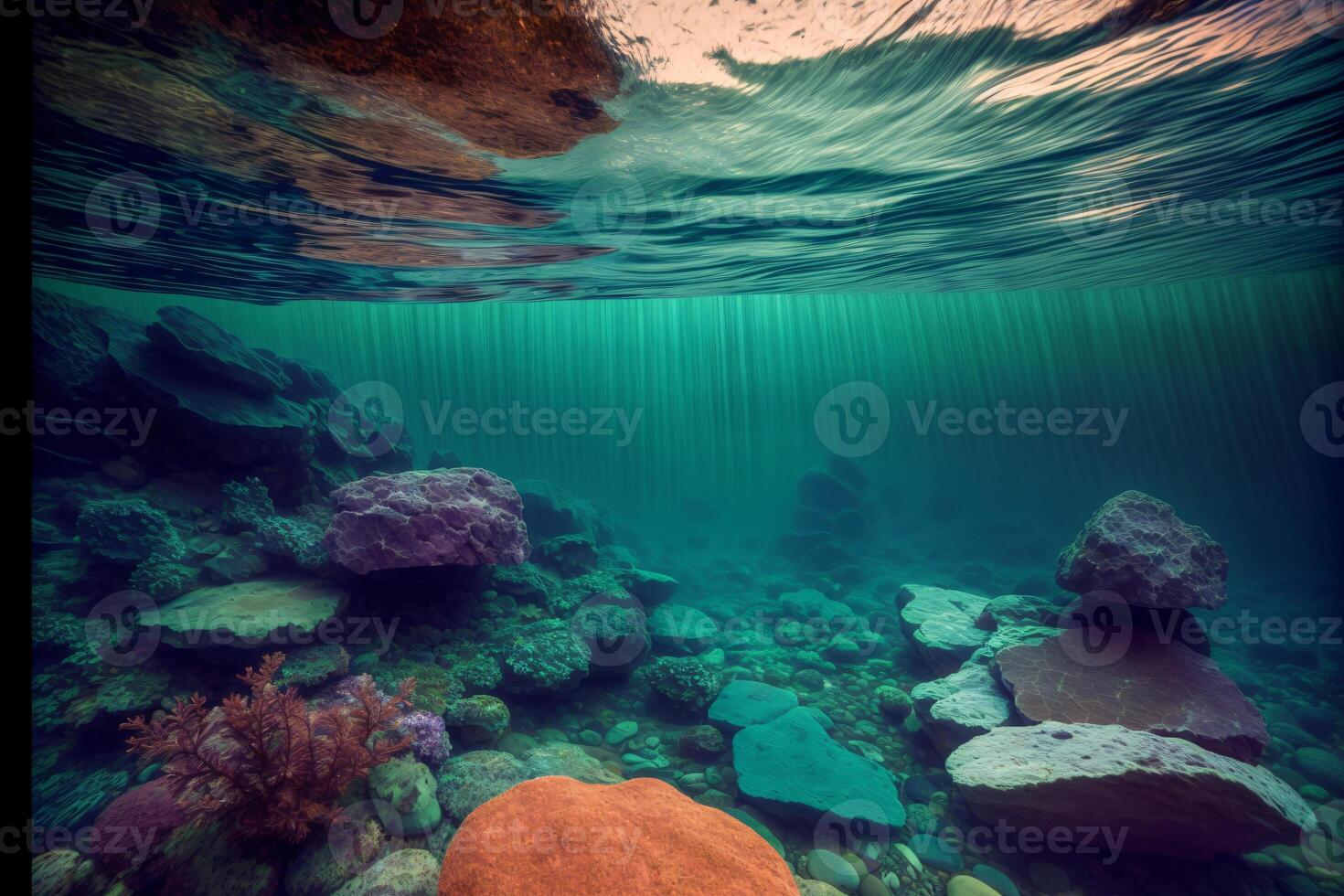 a embaixo da agua Visão do pedras e pedras debaixo água. ai gerado foto