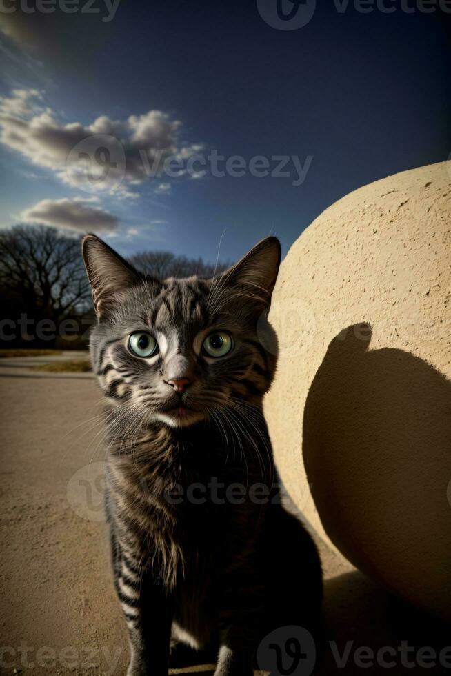 uma gato este é sentado Próximo para uma muro. ai gerado foto