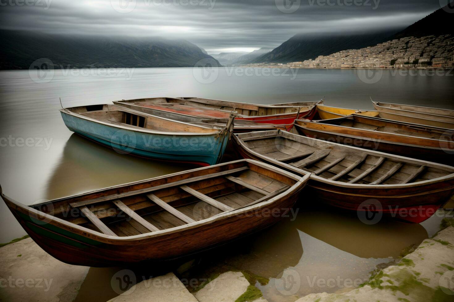 uma grupo do barcos sentado em topo do uma lago. ai gerado foto