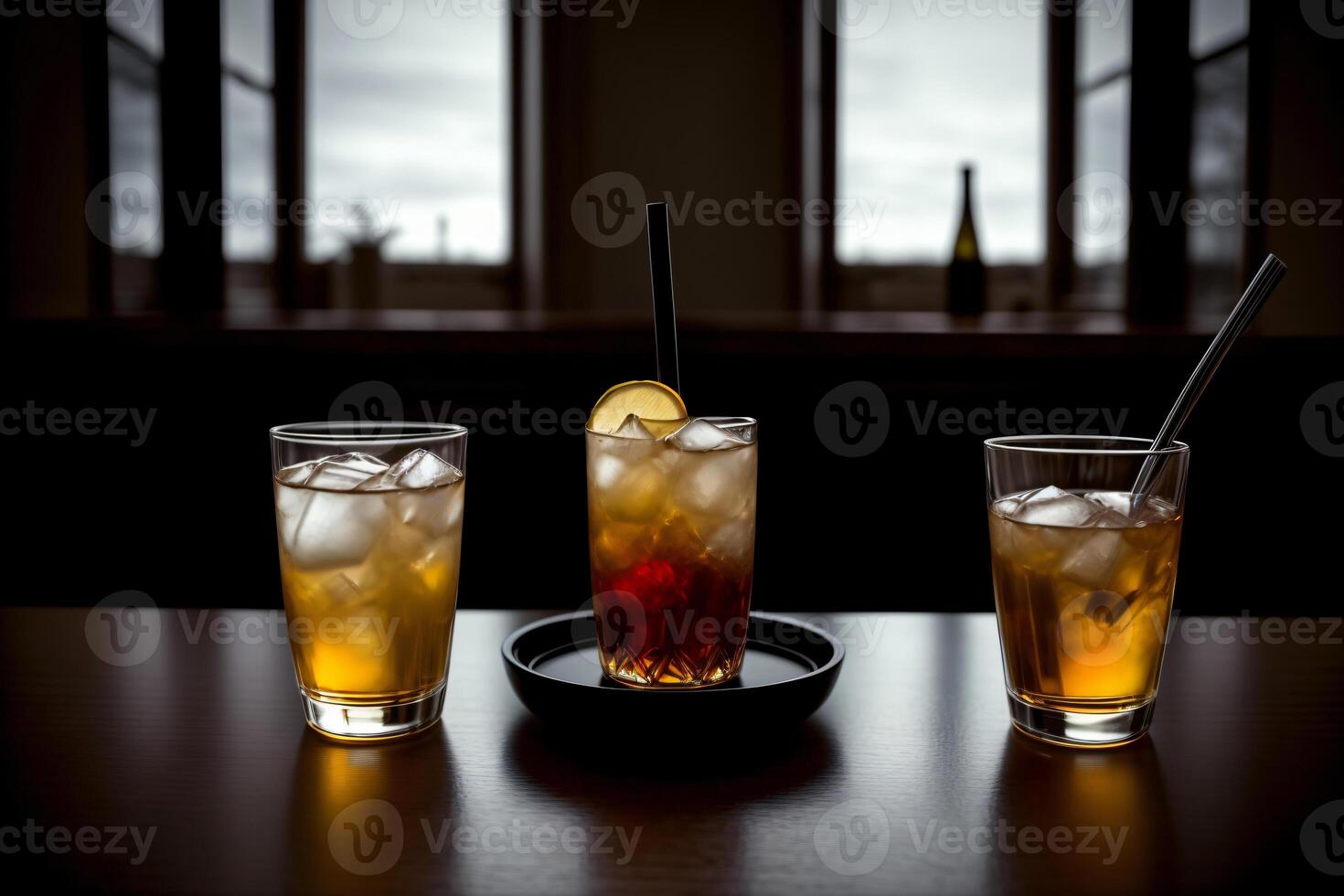 uma casal do bebidas sentado em topo do uma mesa. ai gerado foto