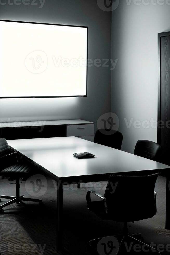 uma Preto e branco foto do uma conferência sala. ai gerado