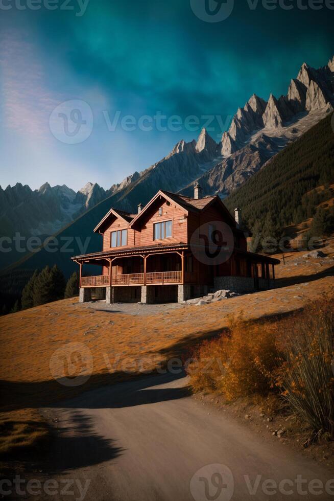 uma casa em uma Colina com montanhas dentro a fundo. ai gerado foto