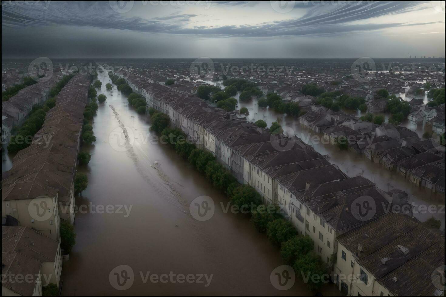 uma inundado área com casas e árvores dentro isto. ai gerado foto